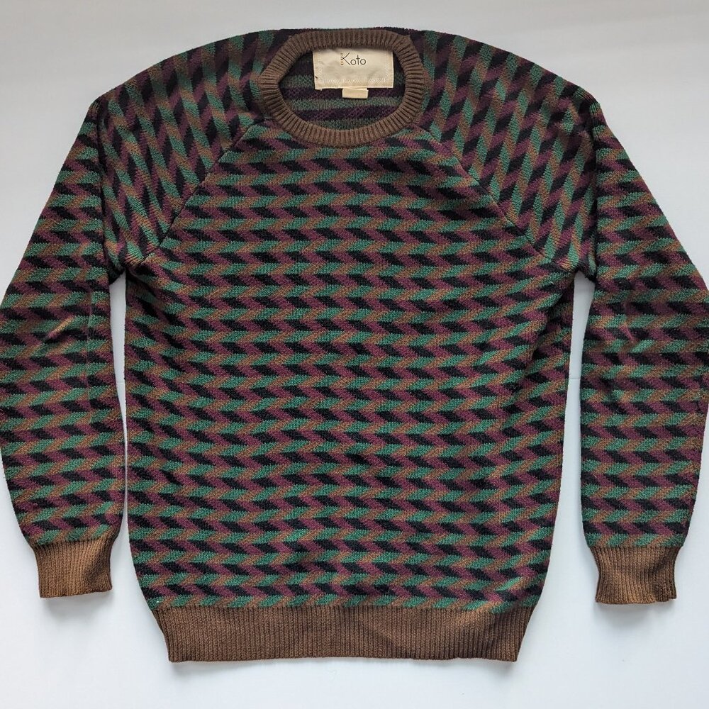 Koto Funky Geometric Men's Small Sweater Brown/Green/Maroon/Black Raglan Sleeve